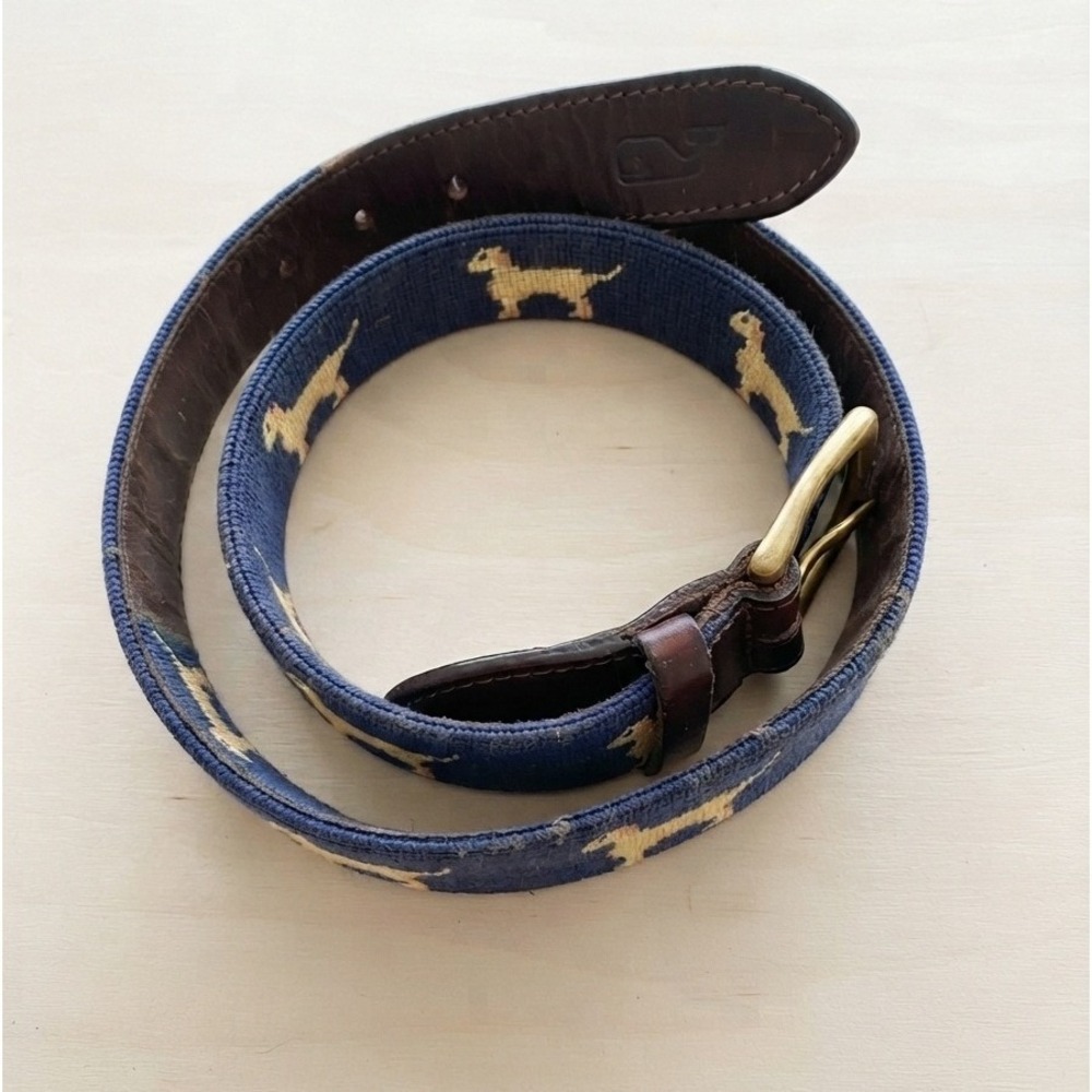 Vineyard Vines Belt Needlepoint Leather Dog Yellow Lab Navy Blue Brass Buckle 34